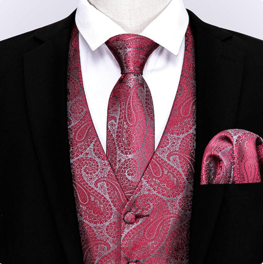 Red And Grey Floral Silk 4pc Waistcoat Vest Necktie Pocket Square Cufflinks Set - MJ - 2043 - SimonVon Shop