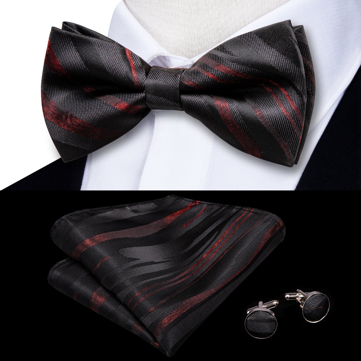 RED BLACK PAISLEY SELF-BOWTIE POCKET SQUARE CUFFLINKS SET-LH-0565 - SimonVon Shop