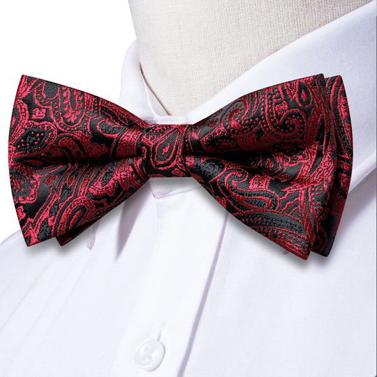 Red Black Paisley Silk Bow Tie Hanky Cufflinks Set - LH - 0574 - SimonVon Shop