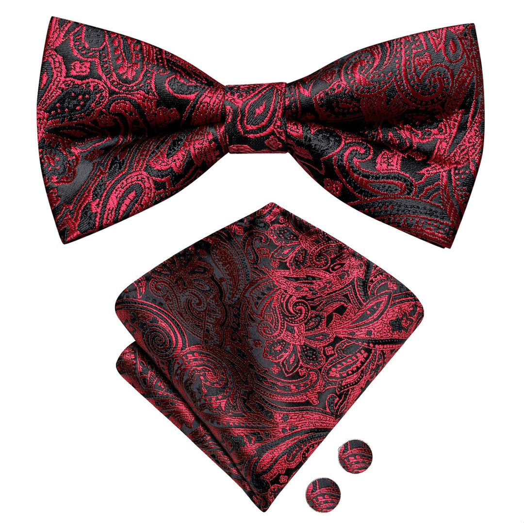 Red Black Paisley Silk Bow Tie Hanky Cufflinks Set - LH - 0574 - SimonVon Shop