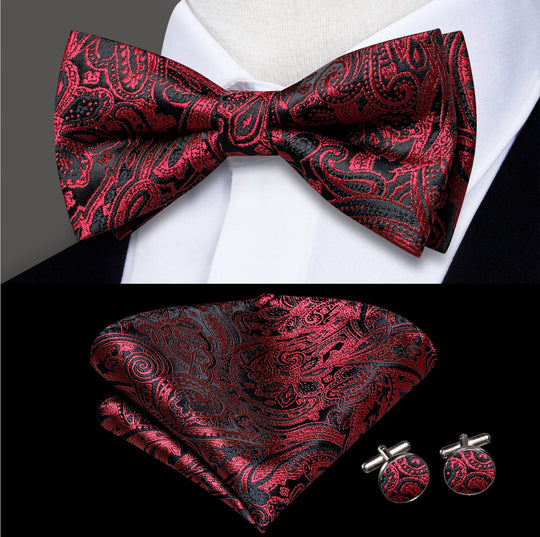 Red Black Paisley Silk Bow Tie Hanky Cufflinks Set - LH - 0574 - SimonVon Shop
