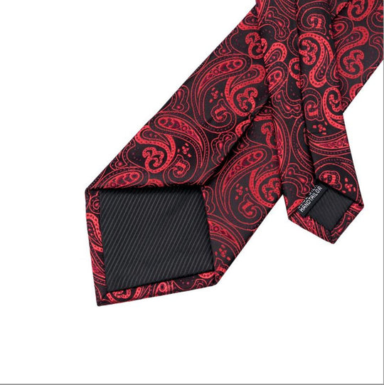 Red Black Paisley Tie Handkerchief Cufflinks Set - N - 0314 - SimonVon Shop