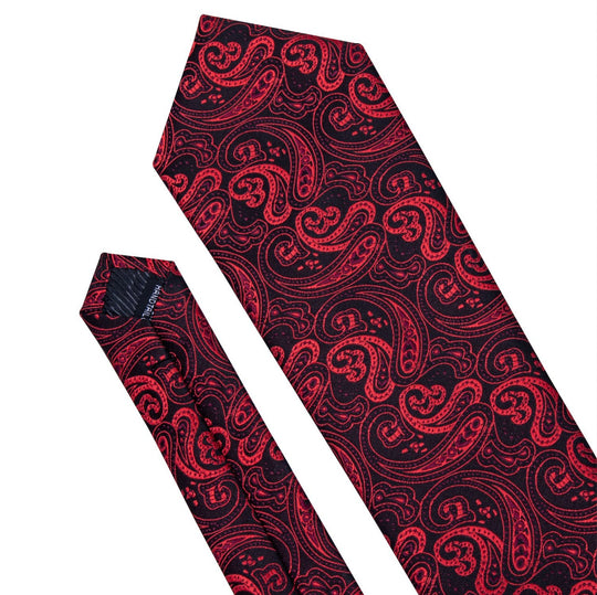 Red Black Paisley Tie Handkerchief Cufflinks Set - N - 0314 - SimonVon Shop