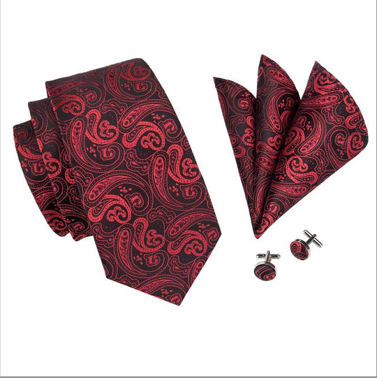 Red Black Paisley Tie Handkerchief Cufflinks Set - N - 0314 - SimonVon Shop