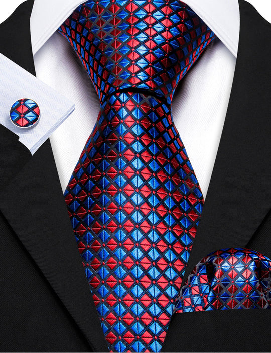 Red Blue Plaid Silk Tie Handkerchief Cufflinks Set - N - 6122 - SimonVon Shop