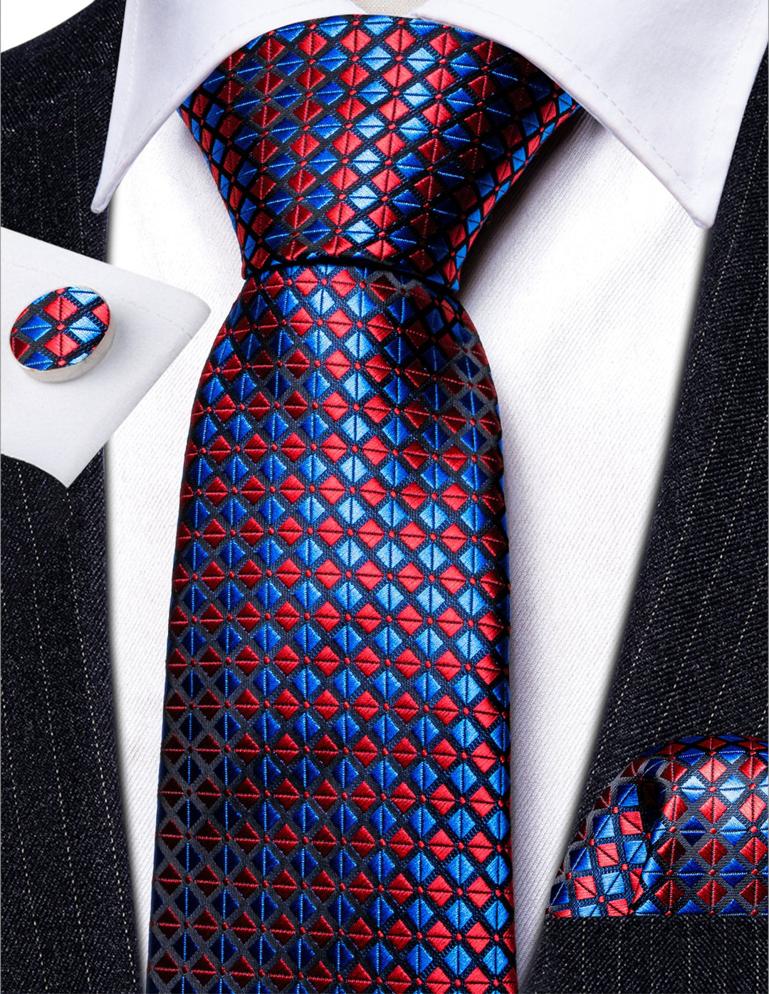 Red Blue Plaid Silk Tie Handkerchief Cufflinks Set - N - 6122 - SimonVon Shop