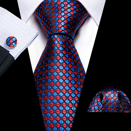 Red Blue Plaid Silk Tie Handkerchief Cufflinks Set - N - 6122 - SimonVon Shop