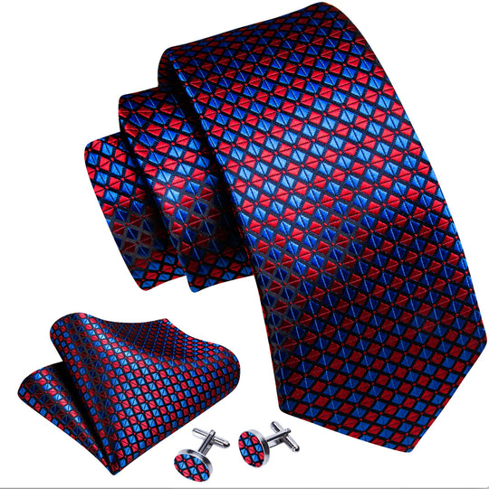 Red Blue Plaid Silk Tie Handkerchief Cufflinks Set - N - 6122 - SimonVon Shop