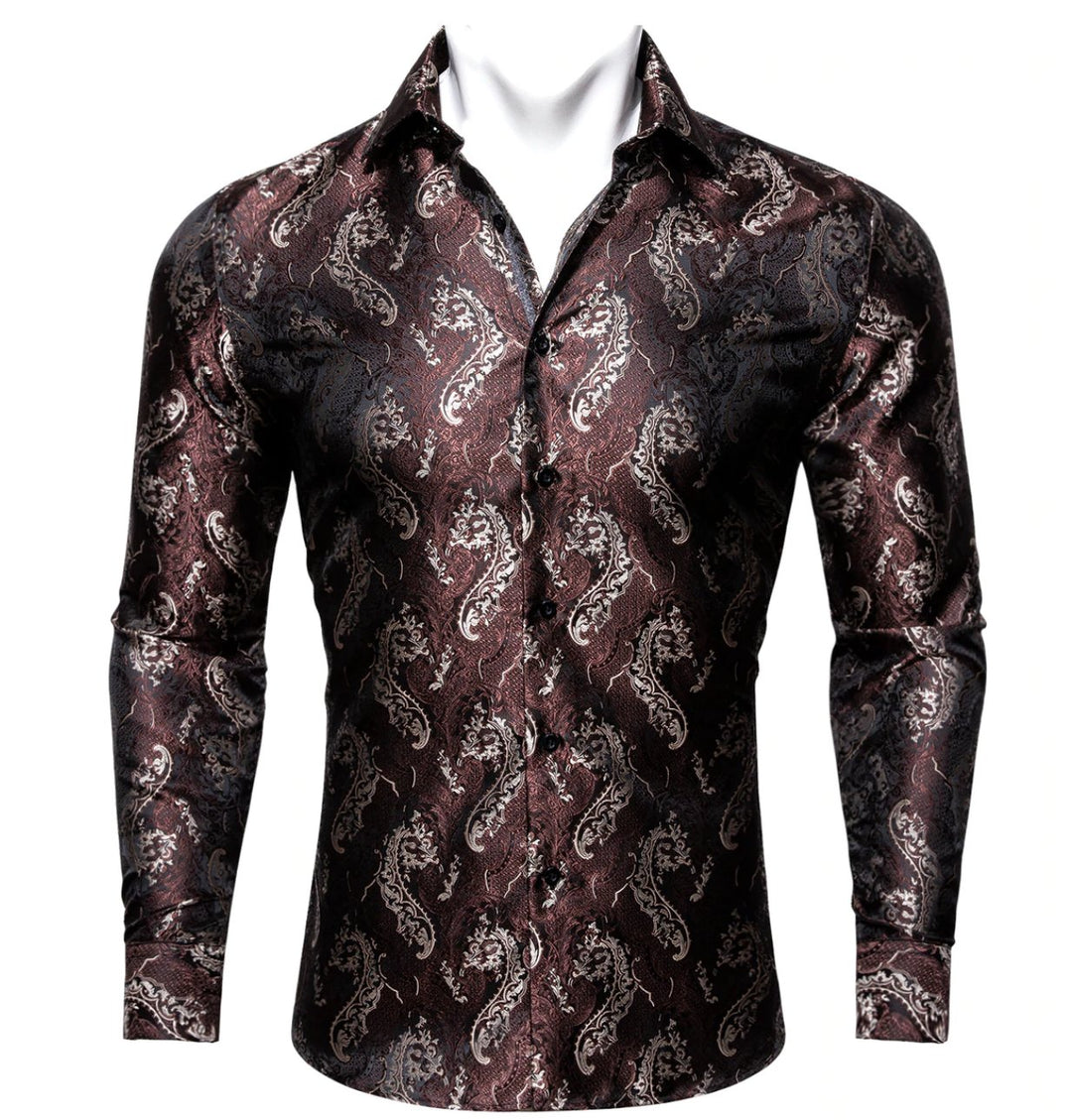 Red Brown Silk Paisley Long Sleeve Men's Shirt. CY - 2009 - SimonVon Shop