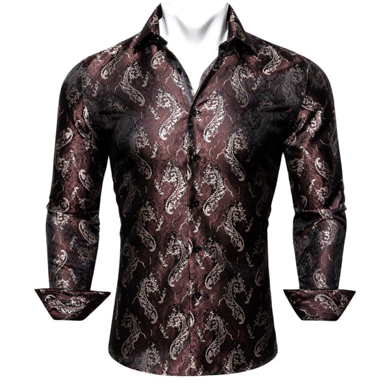 Red Brown Silk Paisley Long Sleeve Men's Shirt. CY - 2009 - SimonVon Shop