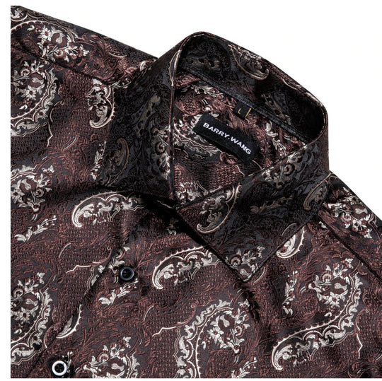 Red Brown Silk Paisley Long Sleeve Men's Shirt. CY - 2009 - SimonVon Shop