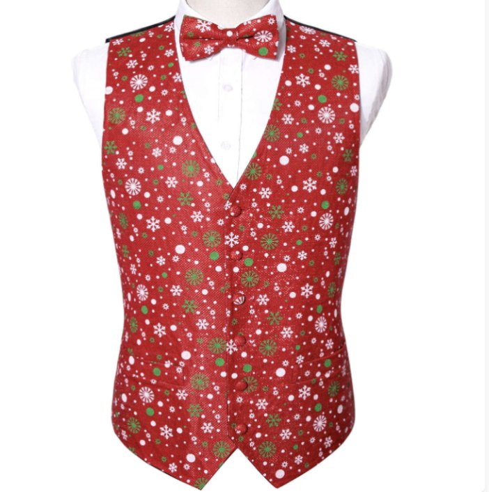 RED CHRISTMAS SILK WAISTCOAT VEST BOWTIE VEST SUIT SET-2054 - SimonVon Shop