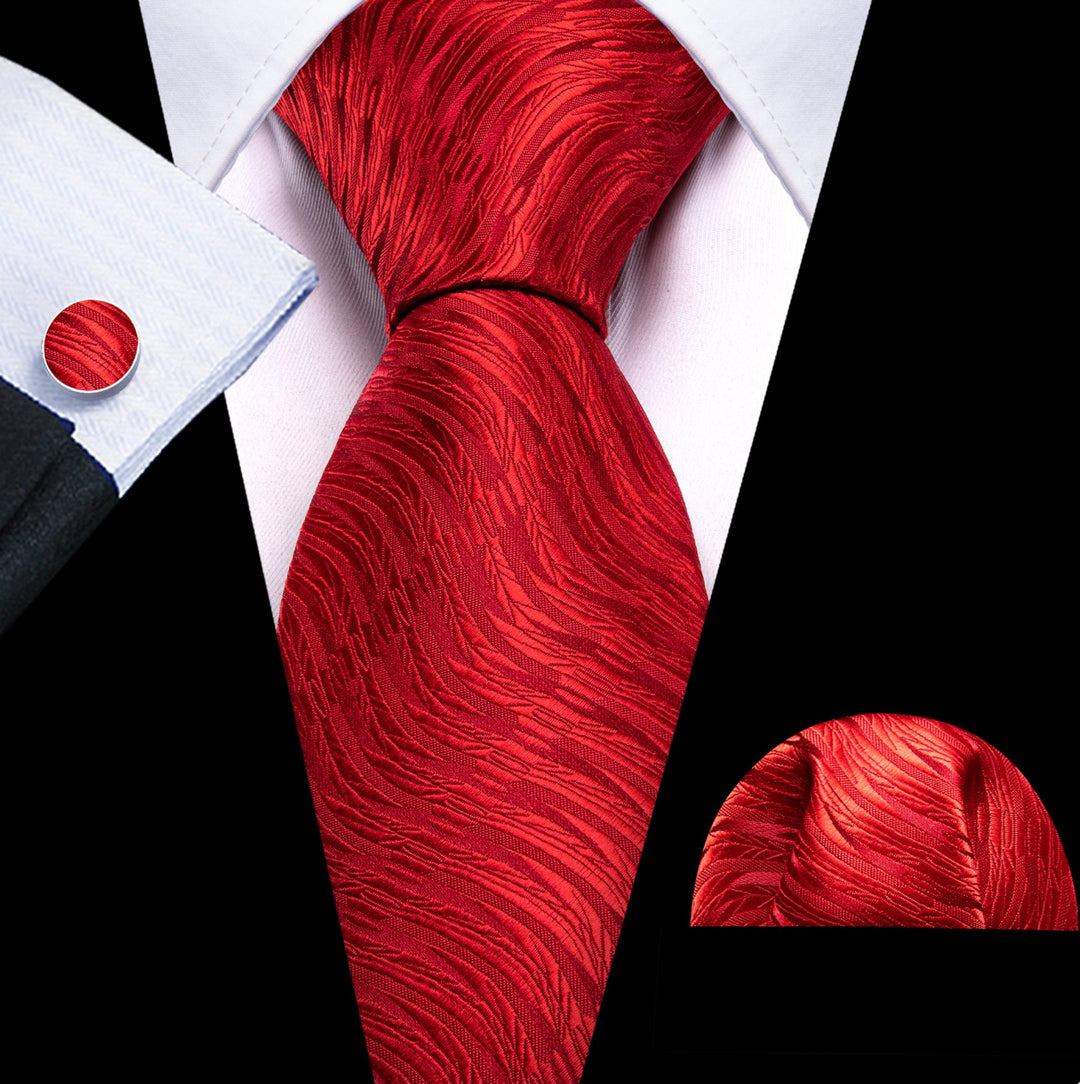 Red Floral Silk Tie Pocket Square Cufflinks Set - N - 6528 - SimonVon Shop