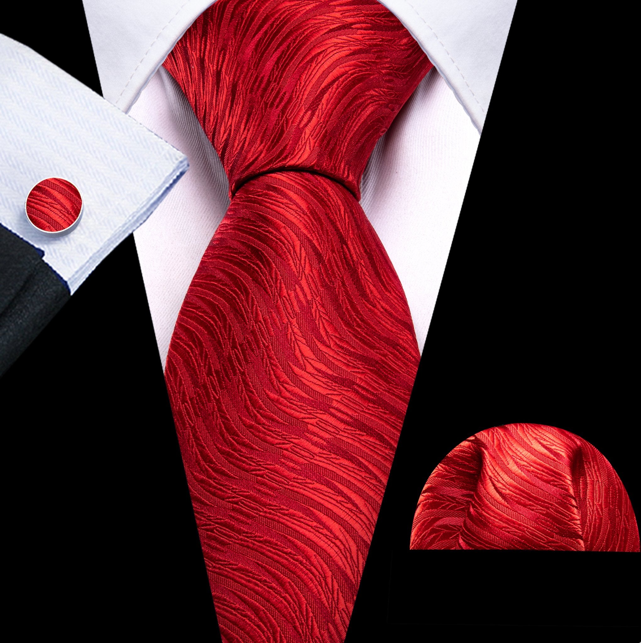 Red Floral Silk Tie Pocket Square Cufflinks Set-N-6528 - SimonVon Shop