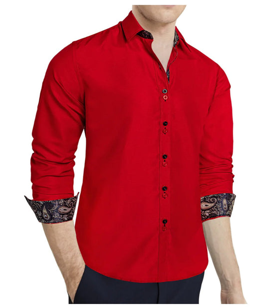 Red Mens's Shirt with contrast colored buttons unique cuffs design - CY - 2201 - SimonVon Shop