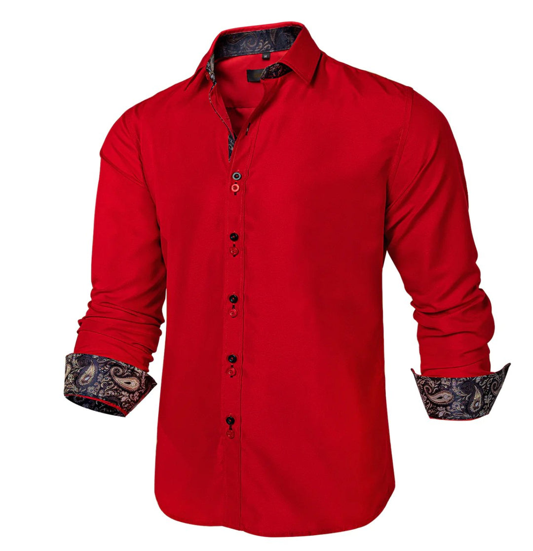 Red Mens's Shirt with contrast colored buttons unique cuffs design - CY - 2201 - SimonVon Shop