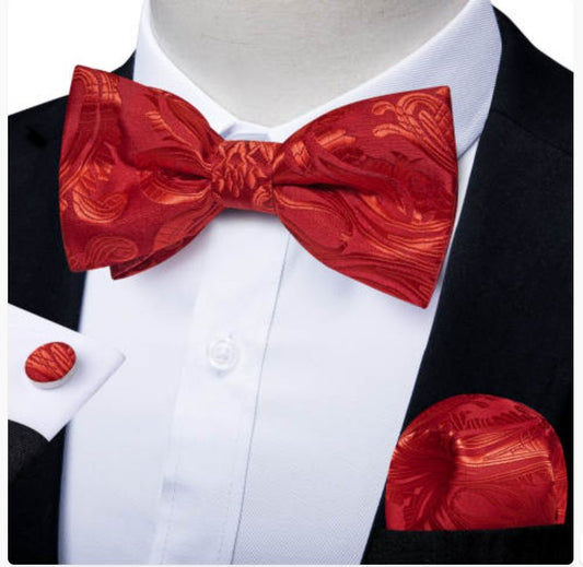 Red Paisley Pre - tied Bow Tie Hanky Cufflinks Set - LH - 0170 - SimonVon Shop