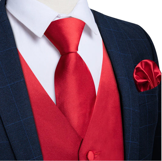 RED SOLID SATIN WAISTCOAT VEST TIE HANDKERCHIEF CUFFLINKS SET - MD - 0321 - SimonVon Shop