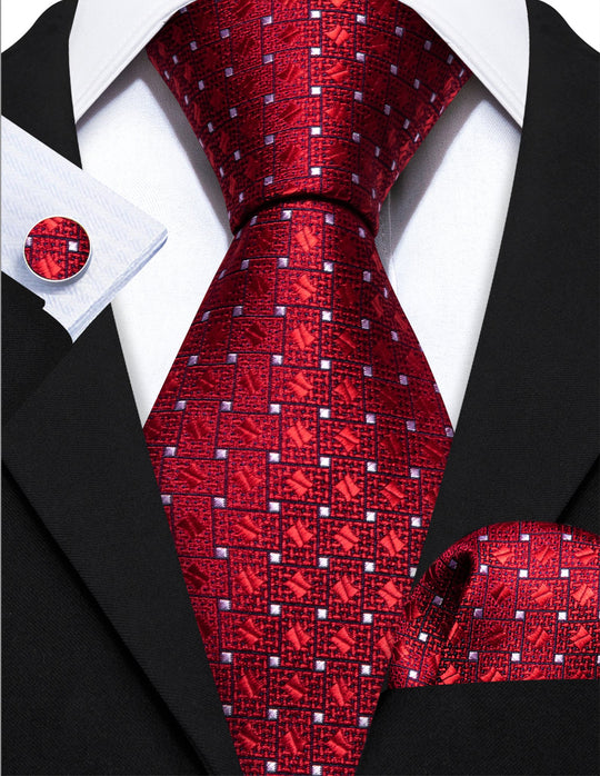 Red White Dot Tie Pocket Square Cufflinks Set - N - 6260 - SimonVon Shop
