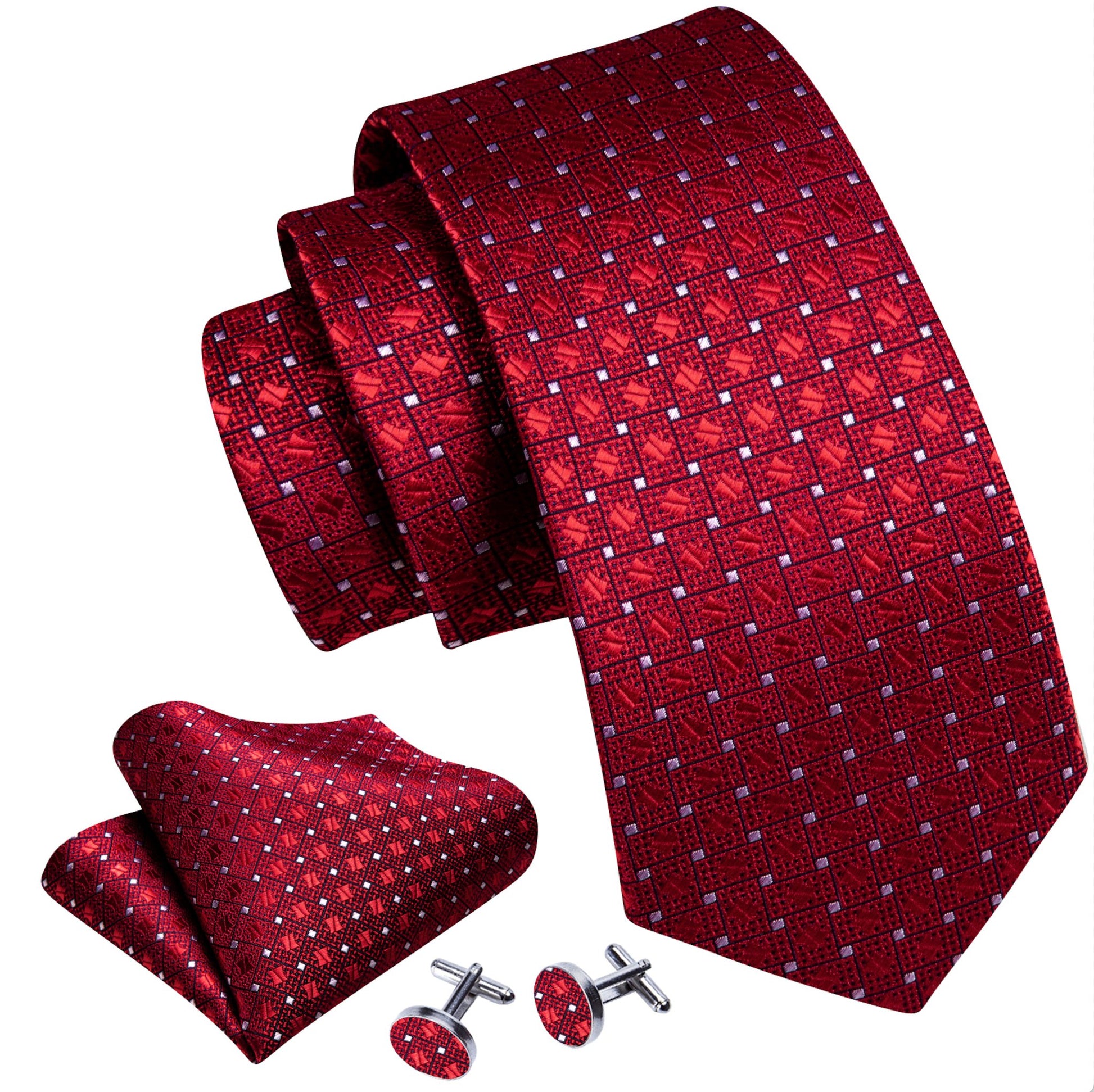 Red White Dot Tie Pocket Square Cufflinks Set - N - 6260 - SimonVon Shop