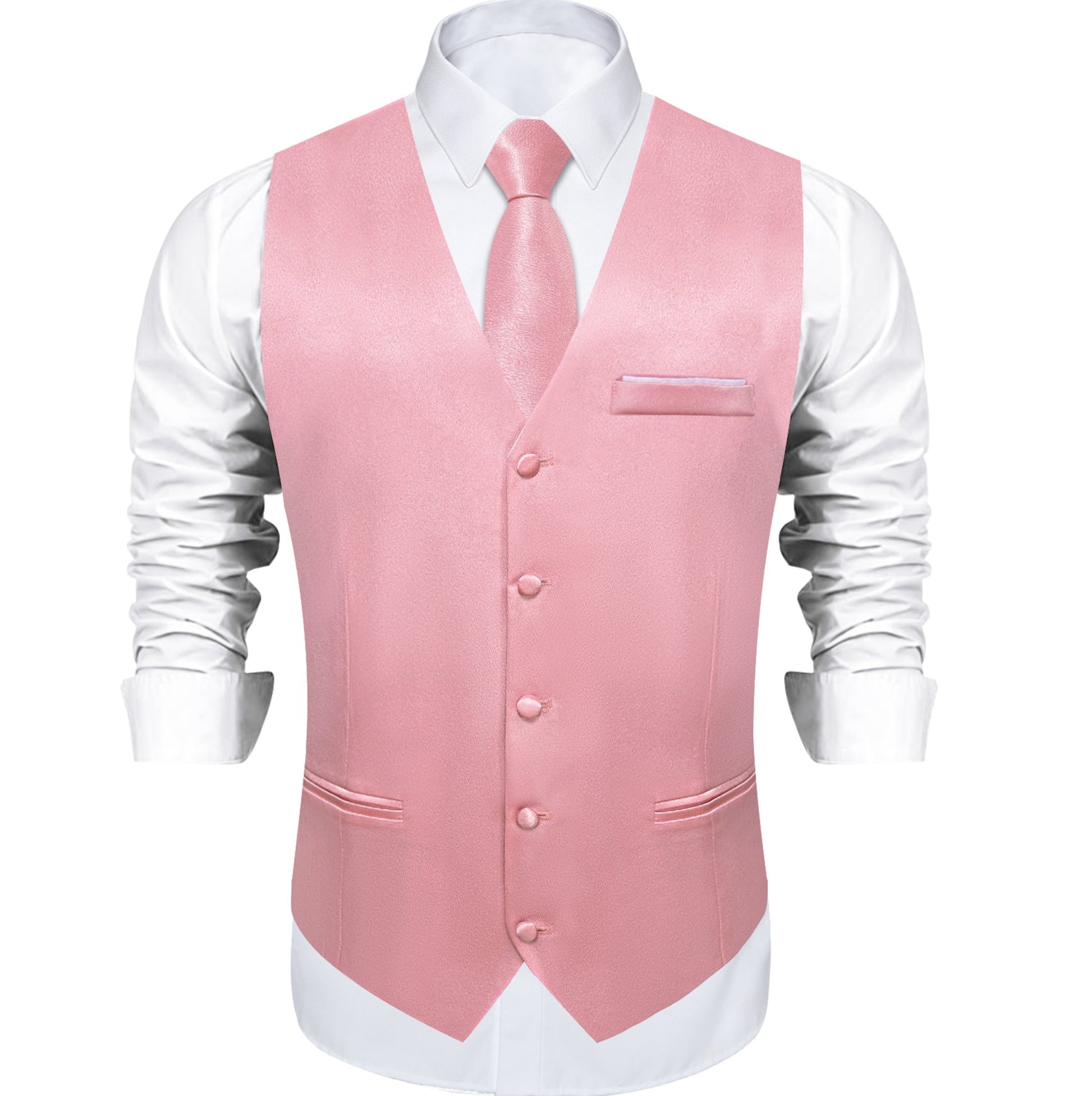 Rose Pink Solid Satin Waistcoat Vest Tie Handkerchief Cufflinks Set - MJ - 0634 - SimonVon Shop