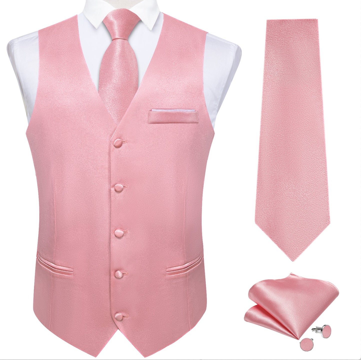 Rose Pink Solid Satin Waistcoat Vest Tie Handkerchief Cufflinks Set - MJ - 0634 - SimonVon Shop