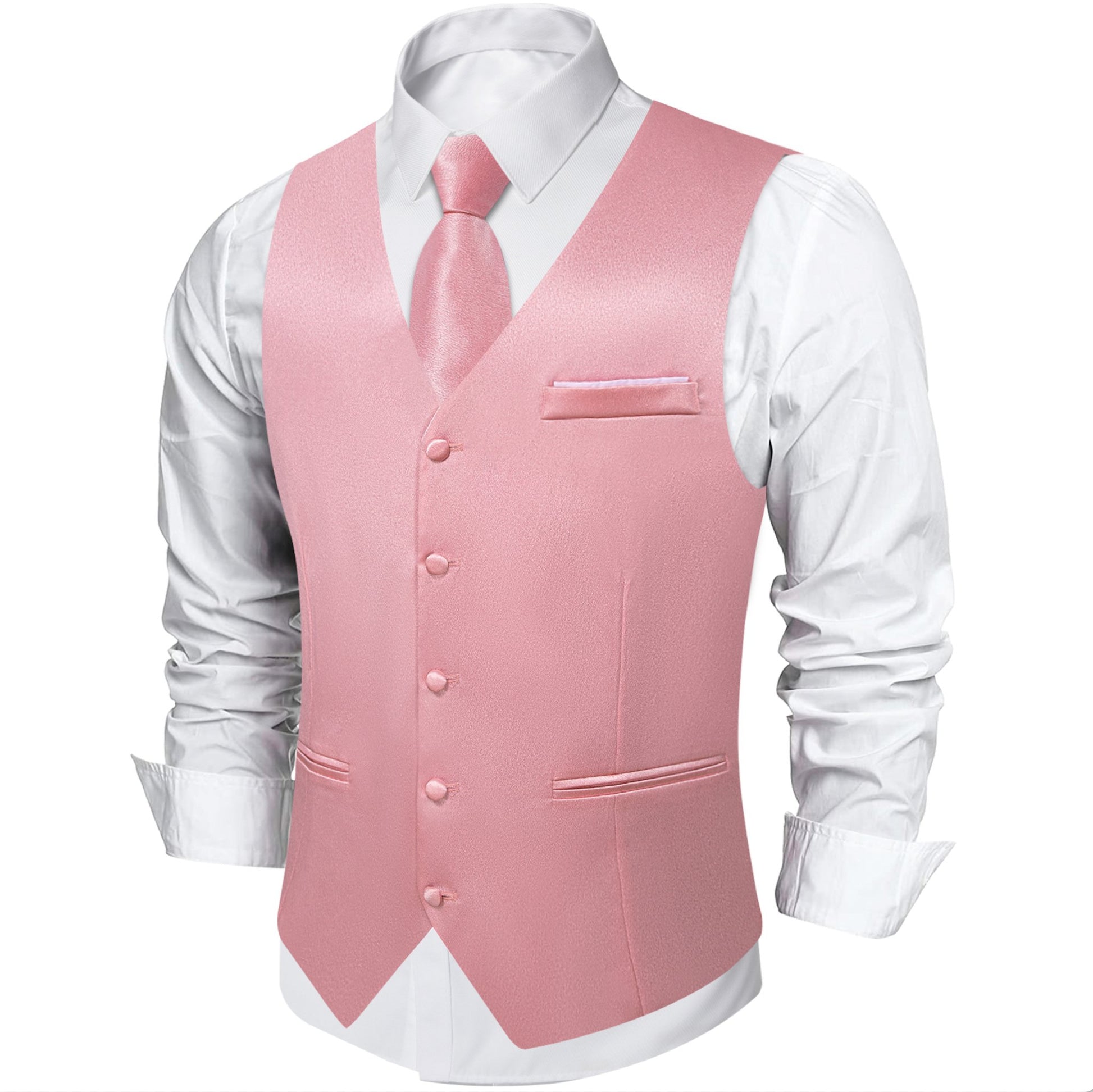 Rose Pink Solid Satin Waistcoat Vest Tie Handkerchief Cufflinks Set - MJ - 0634 - SimonVon Shop