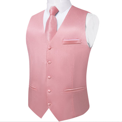 Rose Pink Solid Satin Waistcoat Vest Tie Handkerchief Cufflinks Set - MJ - 0634 - SimonVon Shop