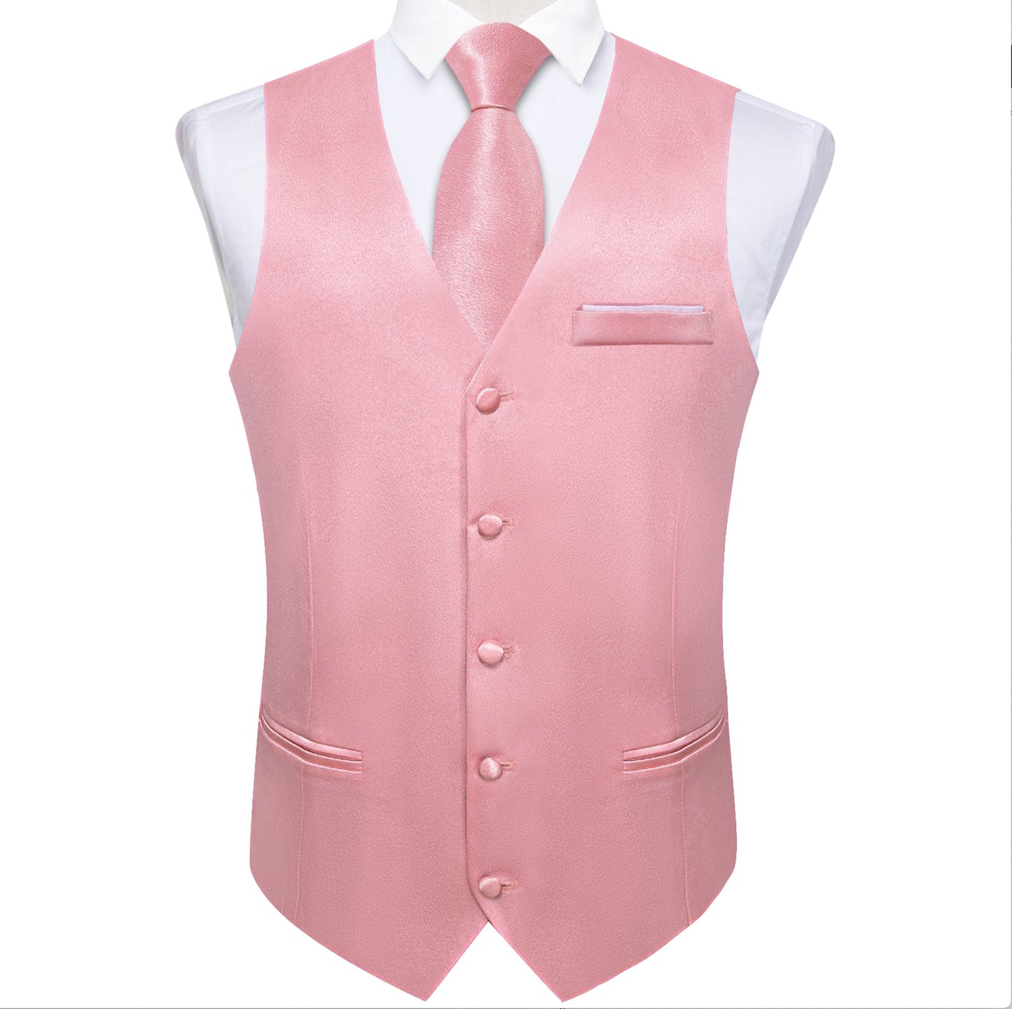 Rose Pink Solid Satin Waistcoat Vest Tie Handkerchief Cufflinks Set - MJ - 0634 - SimonVon Shop