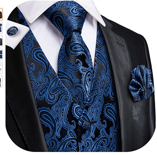 Royal Blue 4 PC Paisley Waistcoat and Necktie Pocket Square Cufflink Vest Set - MJ - 0010 - SimonVon Shop