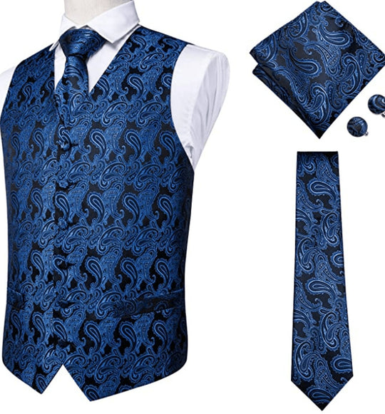 Royal Blue 4 PC Paisley Waistcoat and Necktie Pocket Square Cufflink Vest Set - MJ - 0010 - SimonVon Shop