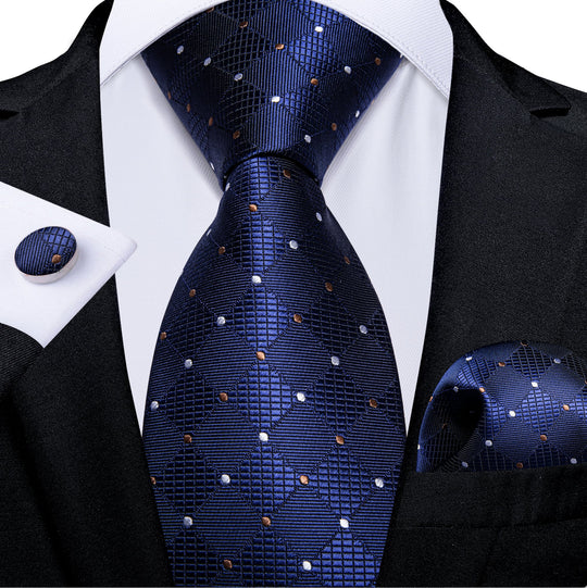 Royal Blue Plaid Tie Handkerchief Cufflinks Set_ N - 7374 - SimonVon Shop