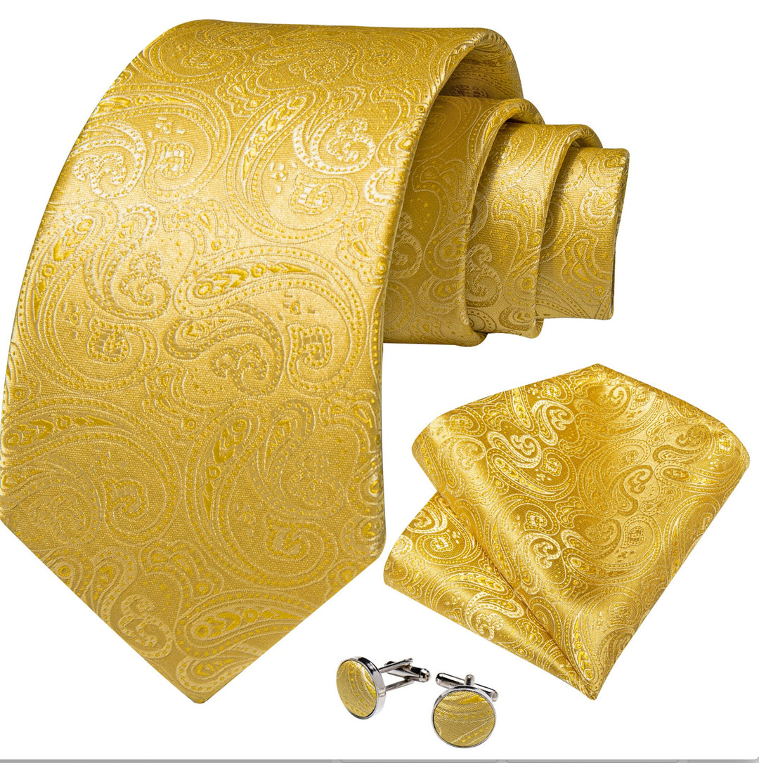 Royal Yellow Paisley Tie Pocket Square Cufflinks Set - N - 7458 - SimonVon Shop