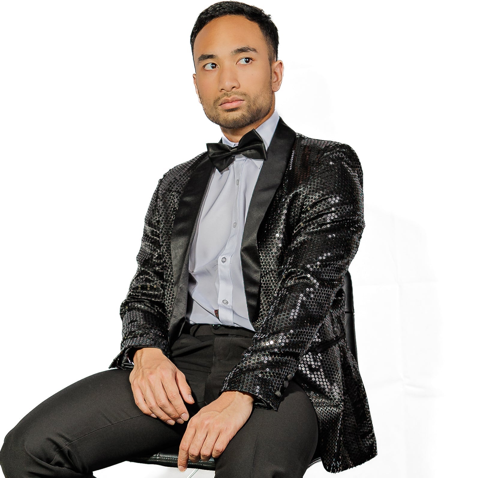 Sequin Black Solid Jacket with Black Shawl Collar - XX-1081 - SimonVon Shop