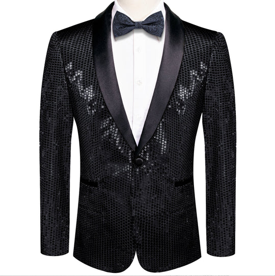 Sequin Black Solid Jacket with Black Shawl Collar - XX - 1081 - SimonVon Shop