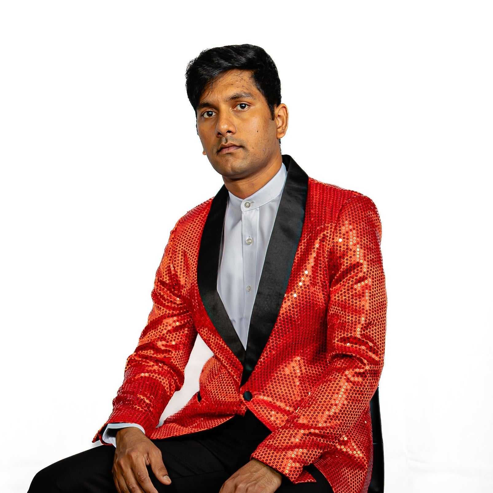 Sequin Red Solid Jacket with Black Shawl Collar - XX-1083 - SimonVon Shop