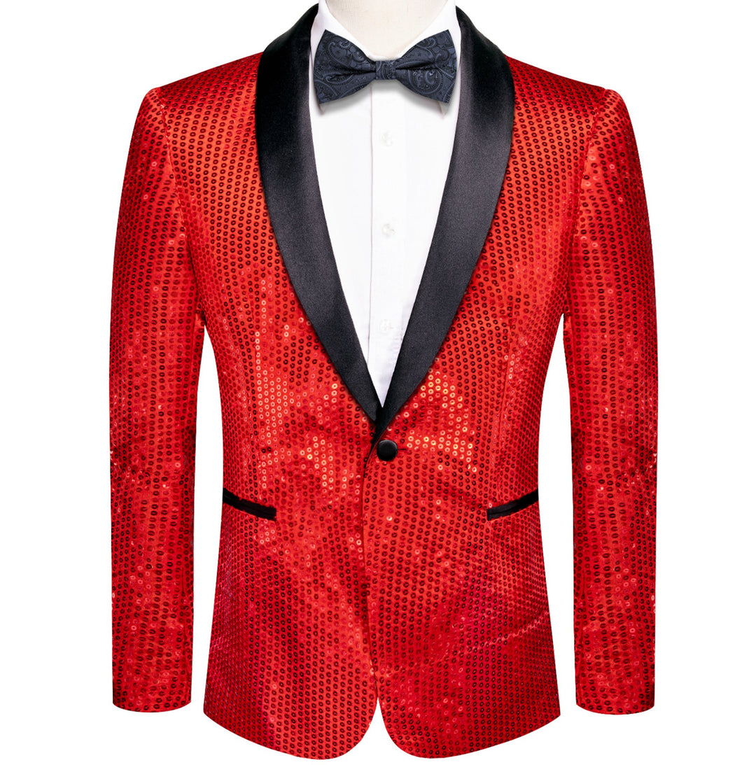 Sequin Red Solid Jacket with Black Shawl Collar - XX - 1083 - SimonVon Shop