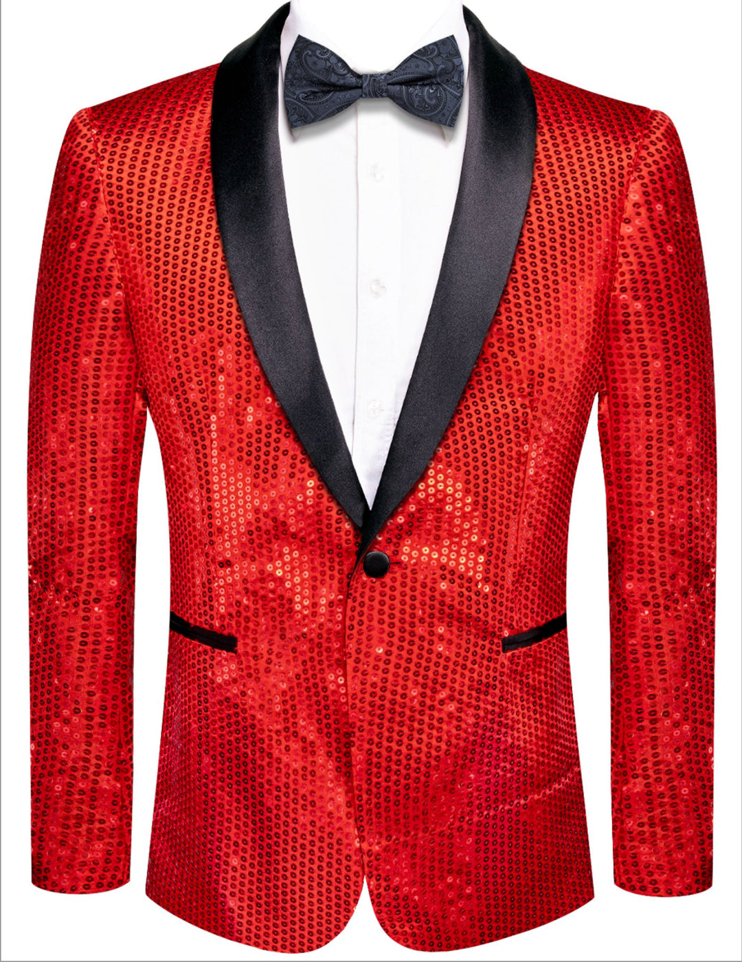 Sequin Red Solid Jacket with Black Shawl Collar - XX - 1083 - SimonVon Shop