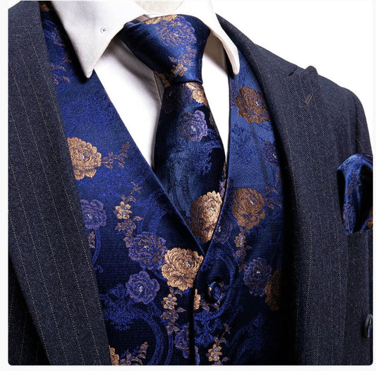 Shining Blue Gold Flower Silk Vest Tie Pocket Square Cufflinks Set - MJ - 2571 - SimonVon Shop