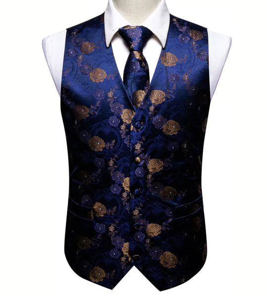 Shining Blue Gold Flower Silk Vest Tie Pocket Square Cufflinks Set - MJ - 2571 - SimonVon Shop