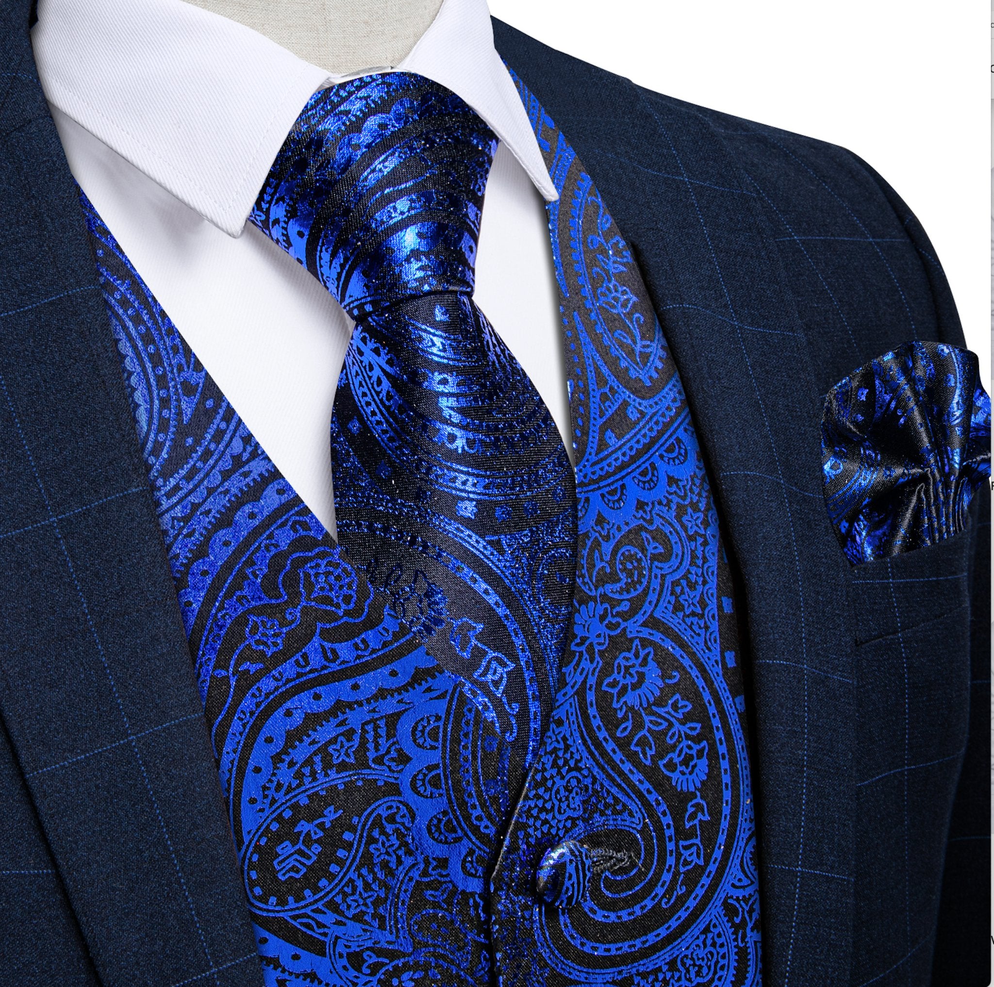 SHINING BLUE JACQUARD SILK WAISTCOAT VEST NECKTIE HANDKERCHIEF CUFFLINKS SET-MJ-0605 - SimonVon Shop