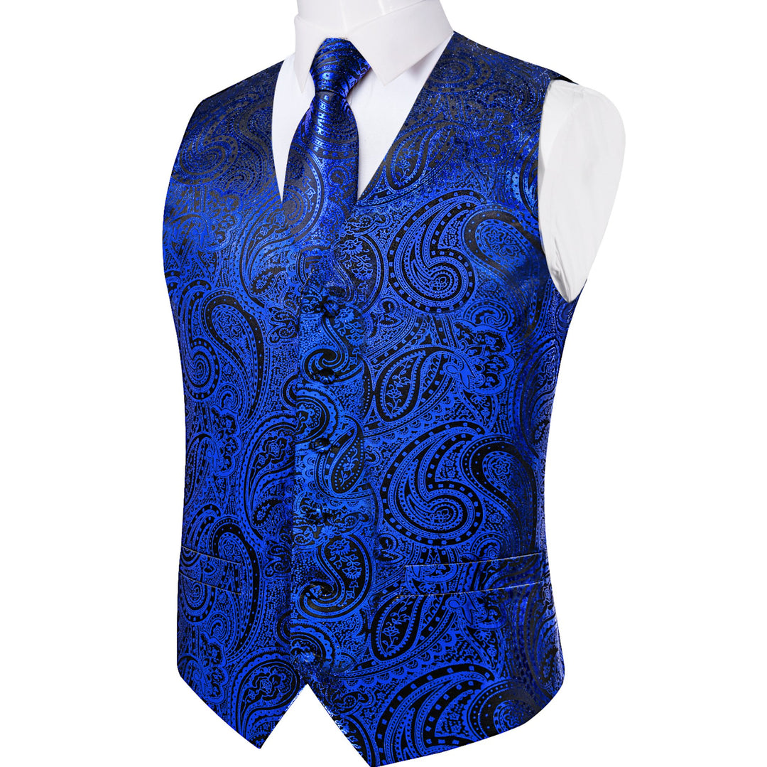 SHINING BLUE JACQUARD SILK WAISTCOAT VEST NECKTIE HANDKERCHIEF CUFFLINKS SET - MJ - 0605 - SimonVon Shop