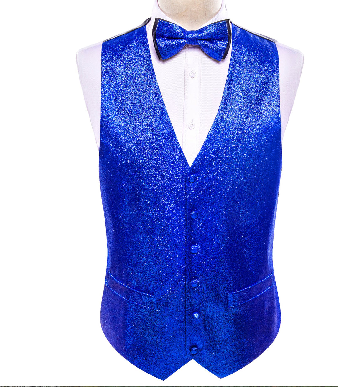 Shining Men's Sapphire Blue Solid Silk Bowtie V - Neck Waistcoat Vest Set - MJ - 2599 - SimonVon Shop
