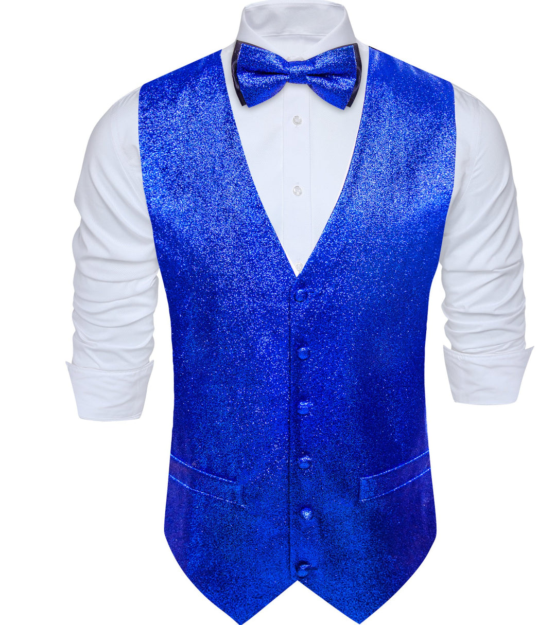 Shining Men's Sapphire Blue Solid Silk Bowtie V - Neck Waistcoat Vest Set - MJ - 2599 - SimonVon Shop
