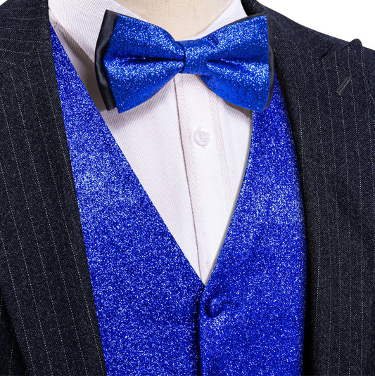 Shining Men's Sapphire Blue Solid Silk Bowtie V - Neck Waistcoat Vest Set - MJ - 2599 - SimonVon Shop