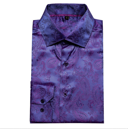 Shining Purple Blue Paisley Silk Men's Shirt - CY - 0085 - SimonVon Shop