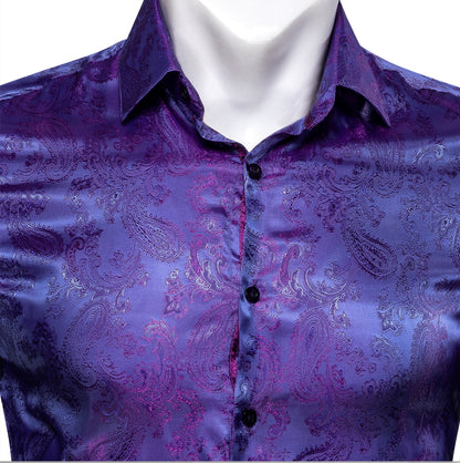 Shining Purple Blue Paisley Silk Men's Shirt - CY - 0085 - SimonVon Shop