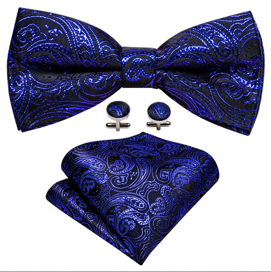 Shining Royal Blue Black Paisley Pre - Tied Bowtie Pocket Square Cufflinks Set - LH - 0908 - SimonVon Shop