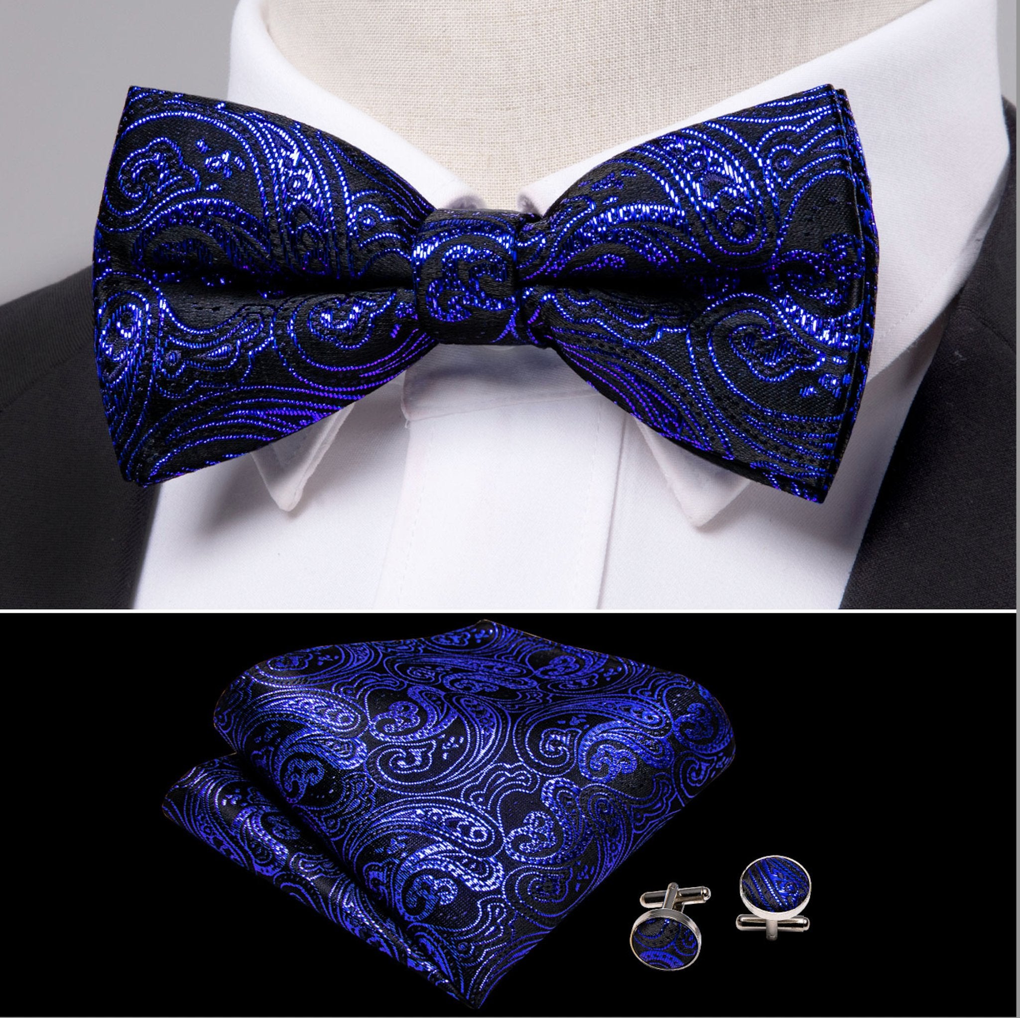 Shining Royal Blue Black Paisley Pre-Tied Bowtie Pocket Square Cufflinks Set- LH-0908 - SimonVon Shop