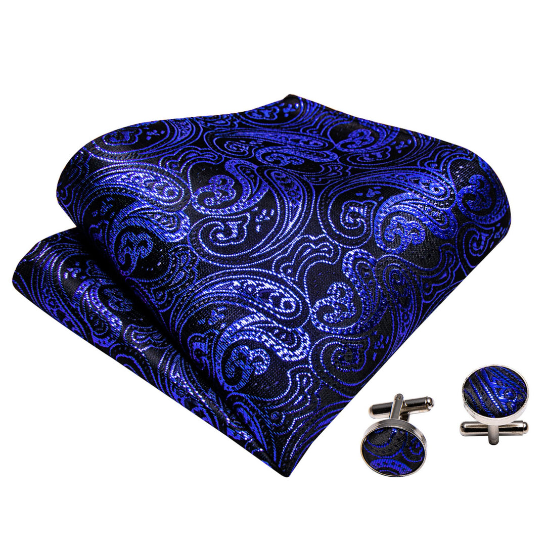 Shining Royal Blue Black Paisley Pre - Tied Bowtie Pocket Square Cufflinks Set - LH - 0908 - SimonVon Shop